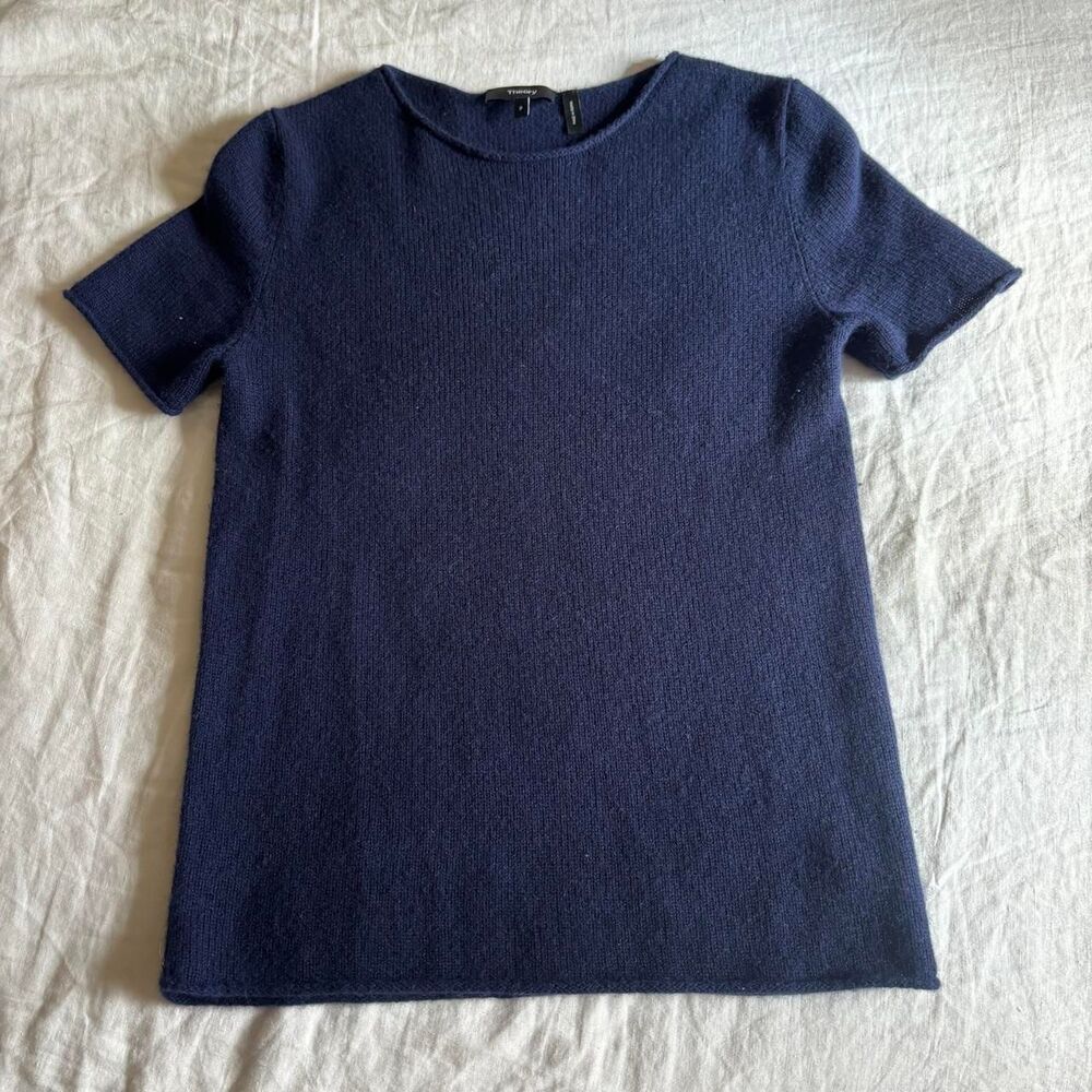 Theory Cashmere Short Sleeve Crew Neck Shirt Navy Size P
